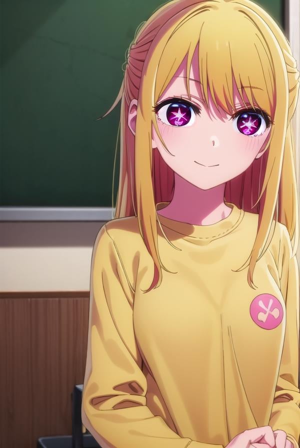 rubyhoshino, <lora:ruby hoshino s1-lora-nochekaiser:1>,ruby hoshino, long hair, bangs, blonde hair, (pink eyes:1.3), sidelocks, (symbol-shaped pupils:1.5), multicolored hair, two-tone hair, smile,BREAK shirt, long sleeves, sweater, clothes writing, yellow shirt,BREAK indoors, classroom,BREAK looking at viewer, (cowboy shot:1.5),BREAK <lyco:GoodHands-beta2:1>, (masterpiece:1.2), best quality, high resolution, unity 8k wallpaper, (illustration:0.8), (beautiful detailed eyes:1.6), extremely detailed face, perfect lighting, extremely detailed CG, (perfect hands, perfect anatomy),