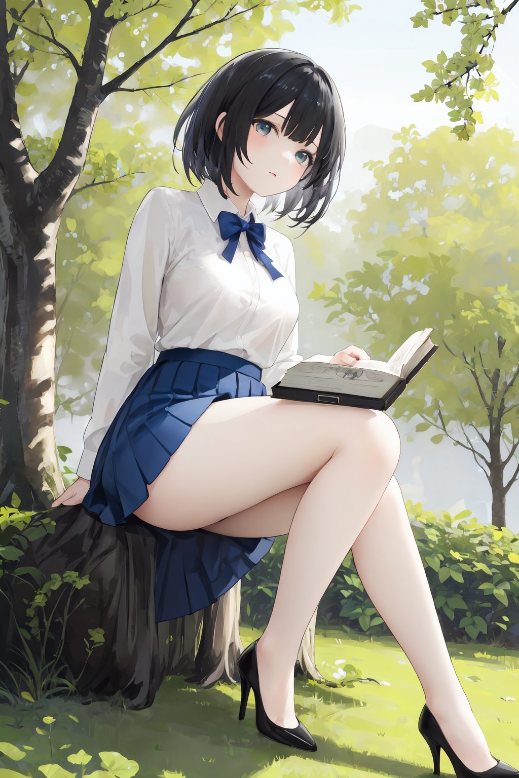 girl in high heels and wearing a skirt by a tree holding a book, 1girl, solo, skirt, high heels, shirt, black hair, short hair, blue skirt, white shirt, outdoors