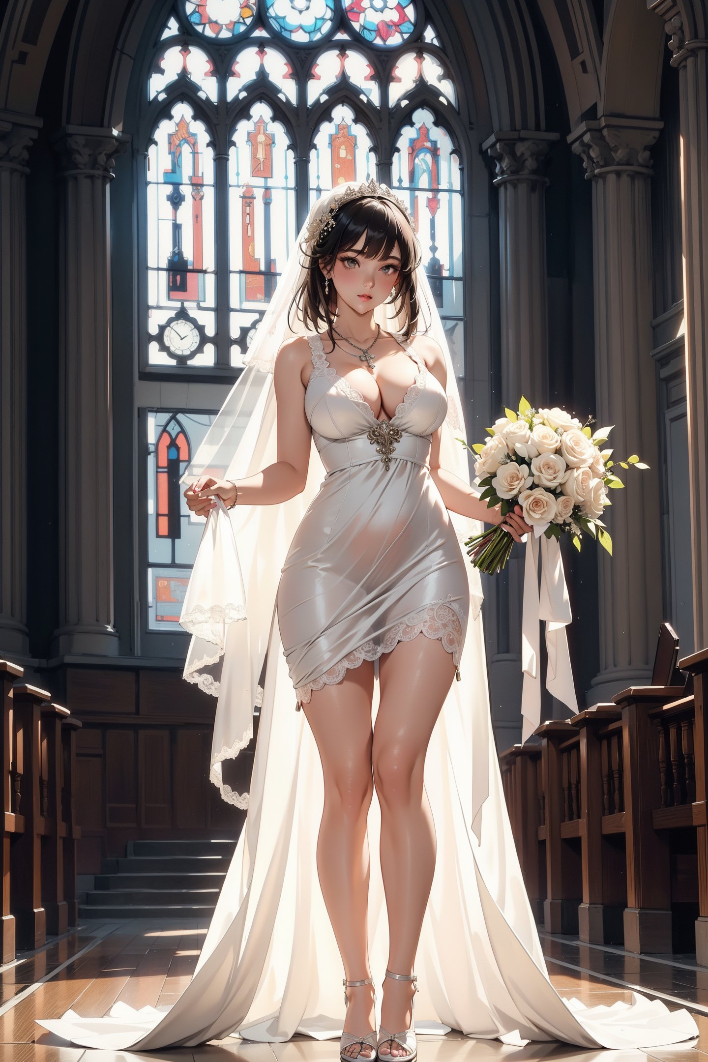 1girl,solo,church, holding flowers,(full body:1.3),thigh gap,standing,jewelry,necklace,white dress,wedding dress,, (masterpiece, best quality, hires, high resolution:1.2), (extremely detailed, realistic, intricate details, highres), 3d, cg, shiny skin,blush,, eyeliner, eyeshadow, eyelashes,, (gigantic breasts, saggy breasts:1.1), (cinematic lighting, sunlight, volumetric), looking at viewer,vintage fantasy,