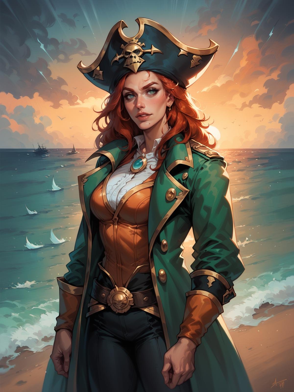 score_8_up, score_7_up, 1girl, cowboy shot of redhead pirate lady, long green coat, sea, storm clouds, dark atmosphere, sunset, hearthstone style
