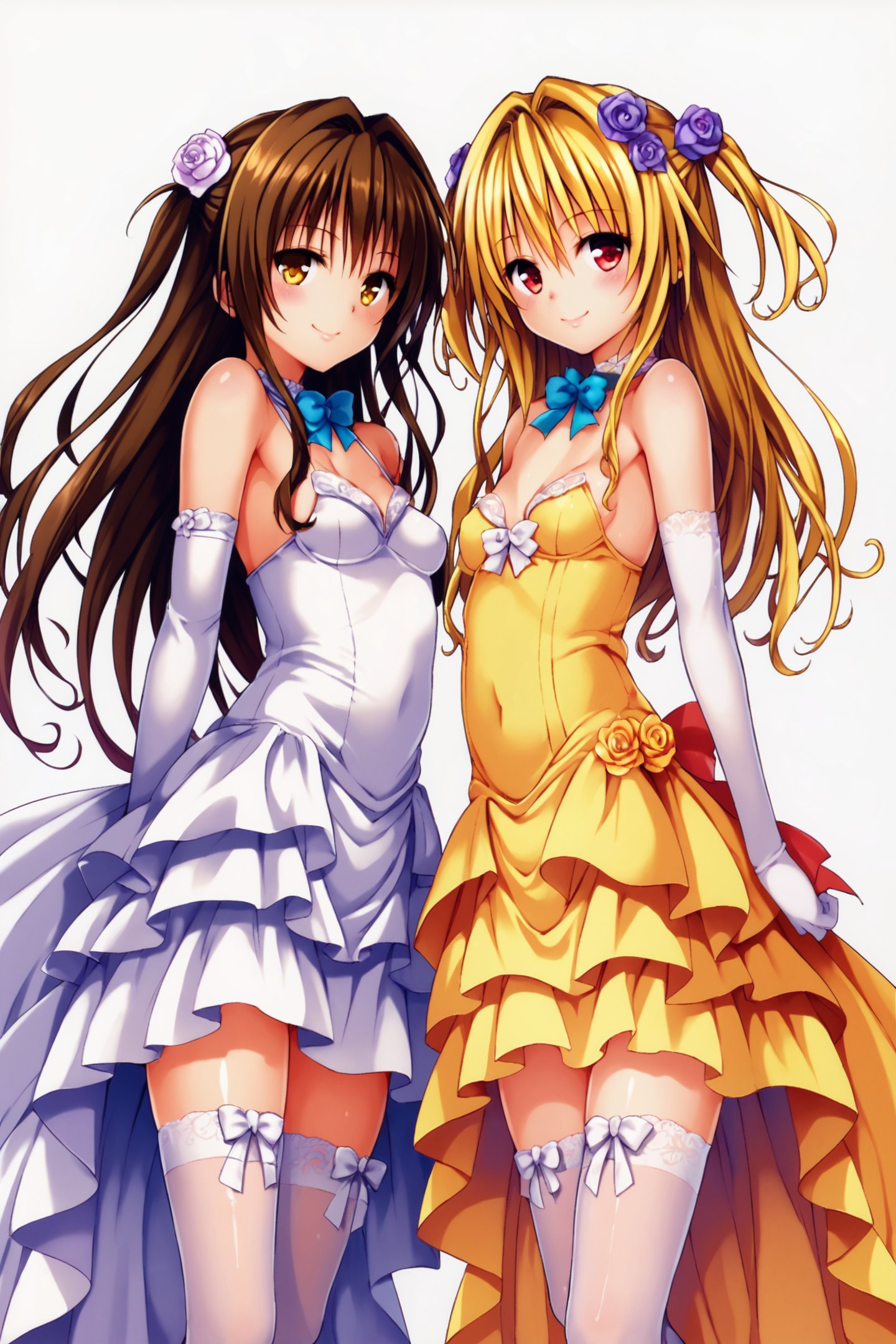 konjiki no yami,multiple girls,yuuki mikan,2girls,dress,wedding dress,brown hair,blonde hair,red eyes,long hair,hair ornament,flower,yellow dress,hair flower,brown eyes,smile,elbow gloves,ribbon,looking at viewer,two side up,breasts,small breasts,leg ribbon,gloves,thighhighs,white background,yellow eyes,blush,score_9,score_8_up,<lora:Yabuki Kentarou_XL_PONY_V2:0.8>,