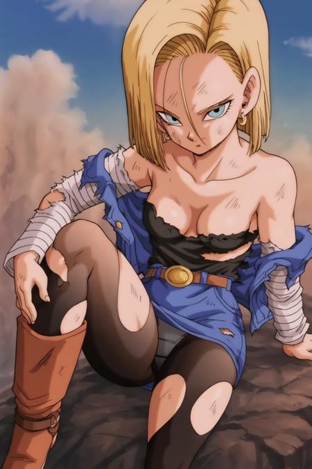 source_anime, score_9, score_8_up, score_7_up, anime screencap,detailed face, android 18, 1girl, solo, breasts, looking at viewer, short hair, blue eyes, skirt, blonde hair, stripped sleeves, cleavage, bare shoulders, hand_on_own_knee, destroyed clothing, small breasts, sitting, closed mouth, collarbone, panties, jacket, pantyhose, hoop earrings, boots, belt, torn clothes, torn black pantyhose, black shirt, cloud, eyelashes, arm support, blue sky, brown footwear, rock, torn pantyhose, torn shirt, dirty, dirty face, denim skirt, dirty clothes, denim jacket, sitting on rock, classic look<lora:c18_pony_v1:0.8>