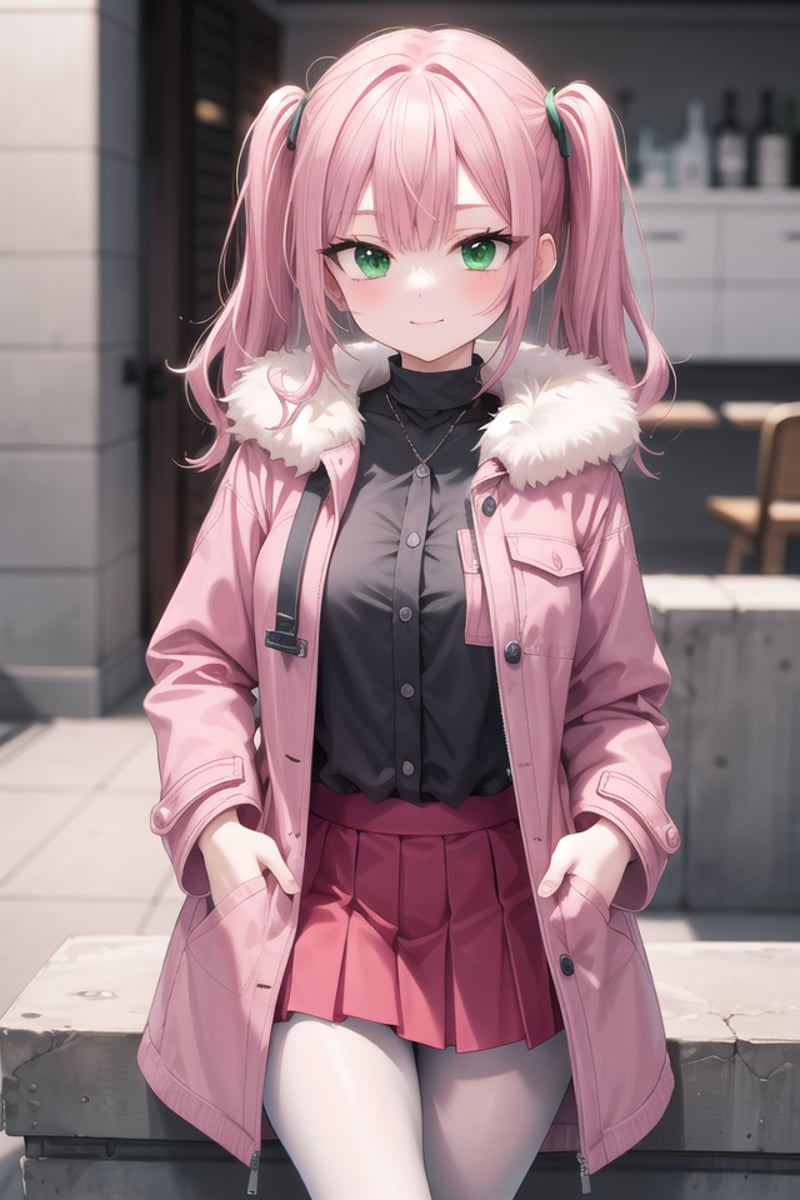 insanely detailed, absurdres, ultra-highres, ultra-detailed, best quality,1girl, solo, nice hands, perfect handsBREAK(pink and white theme:1.4), (Wearing a (long sleeve pink coat with fur color) over a white high neck blouse:1.4), (fur cuffs:1.3), (double pillar button:1.3), (pocketless:1.4), (plain ivory-white pantyhose:1.4), (pink heeled boots with lace-up:1.2)BREAK(wine-red pleated skirt:1.3)BREAK(nsfw:-1.5)BREAKhappy smile, laugh, closed mouthBREAK(45 angle:-1.5), (from side:-1.5),standing, cowboy shot, looking at viewerBREAKslender, kawaii, perfect symmetrical face, ultra cute girl, ultra cute face, ultra detailed eyes, ultra detailed hair, ultra cute, ultra beautifulBREAKin school ground, depth of field, ultra detailed backgroundBREAKmedium large breastsBREAKhime cut, (twintails:1.3), messy hair, medium hair, (red brown hair, emerald green eyes:1.3)<lora:eyecolle_marigold_v100:0.5> <lora:eyecolle_artemisia_v100:0.5>