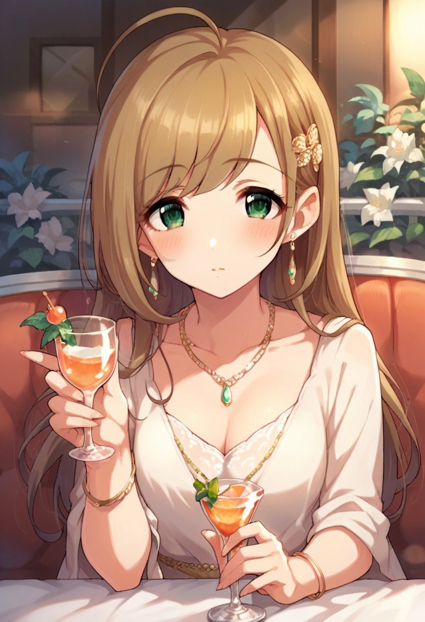 score_9, score_8_up, score_7_up, source_anime,satou shin, ahoge, green eyes, brown hair, 1girl, jewelry, solo, cup, earrings, drinking glass, long hair, necklace, hair ornament, blush, looking at viewer, bracelet