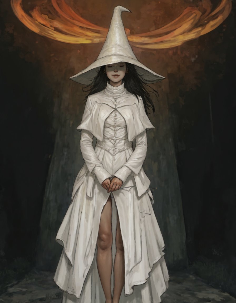 The image is a digital illustration of a woman wearing a large white hat with a pointed brim. The hat is tilted slightly to the side, and the woman's face is partially obscured by the hat. She is wearing a long, flowing white dress with a high neckline and long sleeves. The dress is made of feathers and has a flowing skirt that falls to the floor. The woman's hands are clasped together in front of her, and she appears to be in a trance-like state. The background is dark and mysterious, with orange and yellow lights shining down on her. The overall mood of the image is eerie and dreamlike. <lora:FantasyAnimeRealism:1>