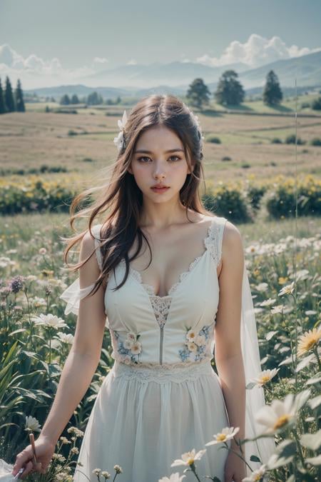 (realistic:1.3) , finely detailed, quality, (masterpiece:1.2) , (photorealistic:1.2) , (best quality) , (detailed skin:1.3) , (intricate details) , ray tracing, dramatic, 1 girl, (cute Ethereal Female), (film grain:1.2), Field, Meadow, Landscape, Farming, Sunshine, Flowers, Butterfly