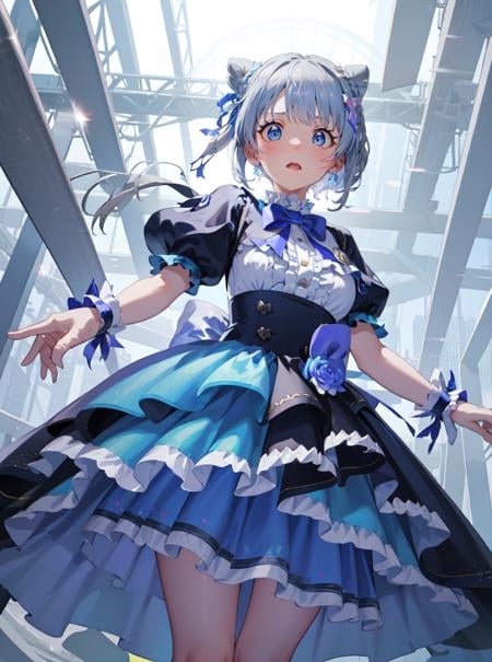 beautiful 1girl wearing a pastel blue (idol dress) <lora:idol_dress-2.0:1>,layered skirt, frills, ribbon, bow, sequins, (rich gray hair Low Bun),(Bladesmithing workshop),from below,leaping,surprised