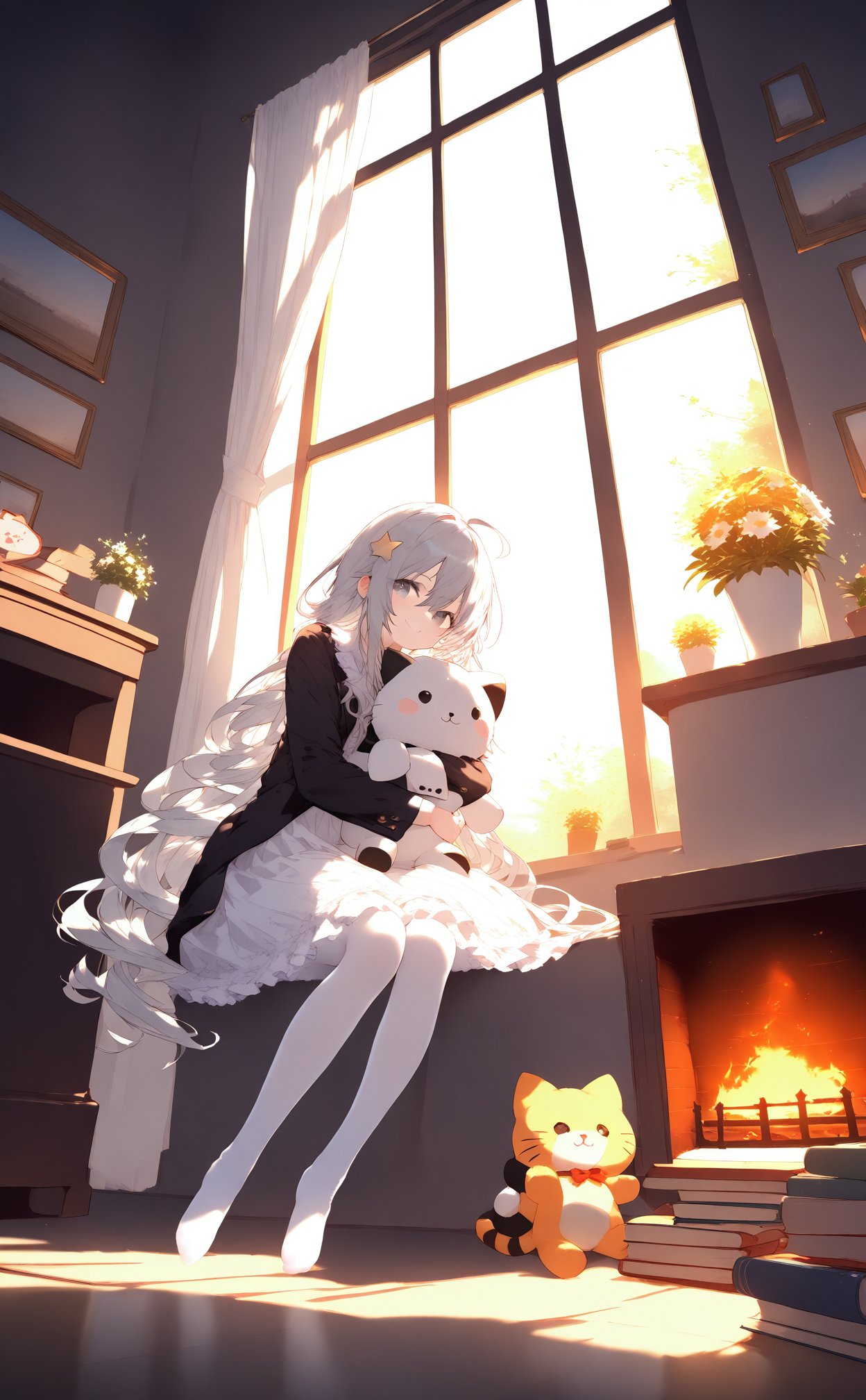 masterpiece,best quality,high quality,(colorful),nai3 Style,loli,1girl,solo,long hair,sitting,window,hugging object,indoors,hair ornament,white pantyhose,looking at viewer,book,grey hair,ahoge,vase,fireplace,stuffed toy,dress,star hair ornament,long sleeves,pantyhose,very long hair,closed mouth,fire,no shoes,stuffed animal,flower,picture frame,backlighting,smile,white flower,grey eyes,jacket,holding stuffed toy,white dress,sidelighting,full body,potted plant,black jacket,flower pot,sunlight,plant,hair between eyes,stuffed cat,frills,star \(symbol\),holding,frilled dress,wavy hair,day,table,