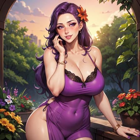 1girl, mature female, milf, garden, narrowed eyes, looking at viewer, hand on cheek, hair flower, blush, smile, parted lips, purple hair, jewelry, eyeshadow, purple nails, freckles, sundress, cowboy shot, long hair