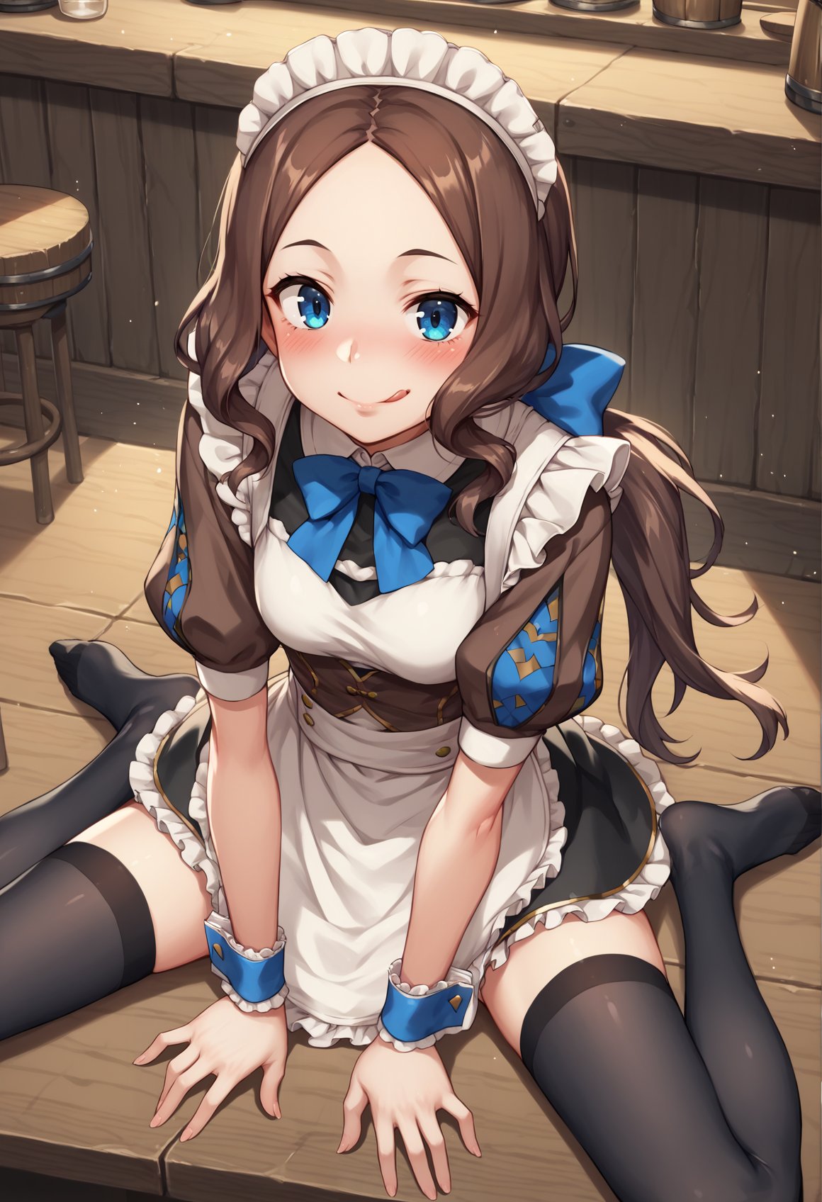 1girl, blue eyes, long hair, brown hair, forehead, sidelocks, low ponytail, ribbon, puffy sleeves, short sleeves, wrist cuffs, maid, apron, maid headdress, black Thighhighs, sitting, spread legs, covering crotch, tongue out, evil smile, blushing, licking lips, :p, indoors, tavern, from above <lora:Vinci_XL:1>, score_9, score_8_up, score_7_up, score_6_up, score_5_up, score_4_up, BREAK source_anime, masterpiece