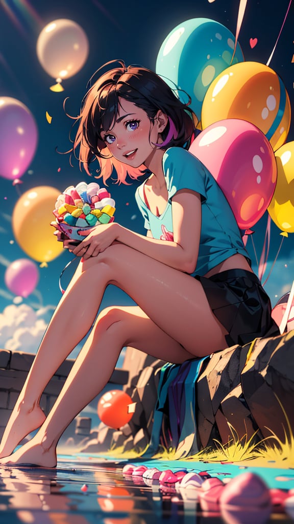 (masterpiece, best quality, highres:1.2), (detailed light:1.2), (soft lighting, side lighting, reflected light), (colorful, dynamic angle), young cute girl, sitting, vibrant colors, delightful frosting, rainbow sprinkles, shimmering candies, floating around, small balloons, petite candy. Sweetness and joy, happiness, enchanting, fantastical world, fantasy, ink strokes, explosions, over exposure, purple and red tone impression, abstract, brush strokes, negative space, soft light passing through hair, (cinematic),