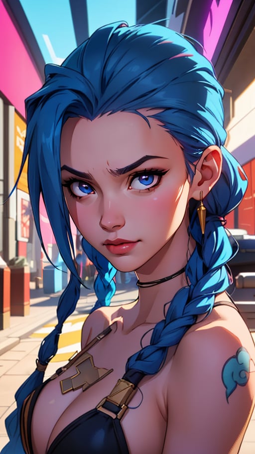 (best quality, masterpiece, highres:1.2)(Jinx, Legue of Legends, Arcane) upper body professional photo, award winning sexy, intense blue long hair, Jinx <lora:JinxLol:1>, Legue of Legends, Arcane, flirting, bokeh, (intricate details, hyperdetailed:1.15), detailed, sunlight passing through hair (official art,  art background, extreme detailed, hyperrealism, soft light, sharp, perfect face),