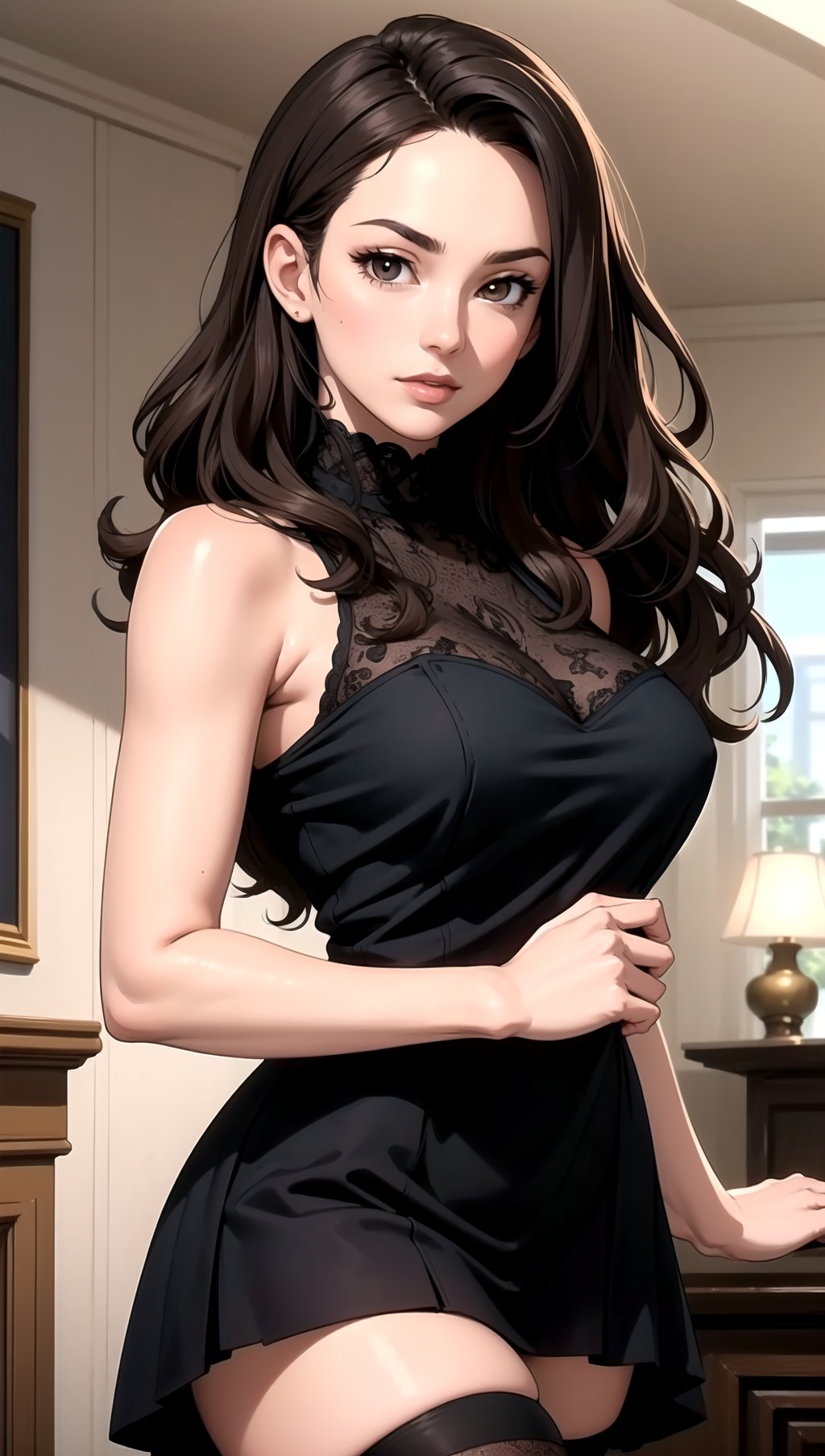 (masterpiece, best quality), (detailed background, complex background:1.2), (perfect face, detailed face), 1girl, brown hair, long hair, wavy hair, large breasts, black dress, black thighhighs, looking at viewer, cowboy shot, (indoors, dynamic pose)