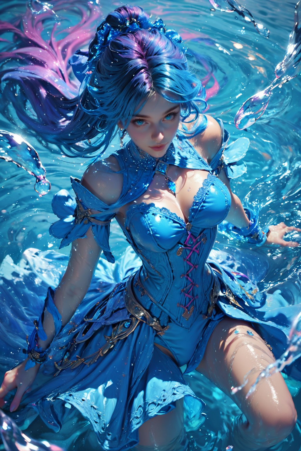 score_9, score_8_up, score_7_up, ethereal, fantasy, a woman in a blue corset, surrounded by water splashes, dramatic lighting, dramatic and mystical mood, intricate blue costume, serene expression, water droplets, high-angle shot, vibrant and dynamic composition., <lora:yushui-pony:0.6>, 