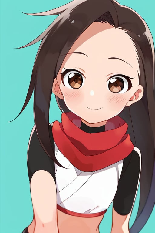 score_9 <lora:kunoichitsubaki:0.7> kunoichitsubaki, 1girl, solo, brown eyes, looking at viewer, smile, hair down, long hair, red scarf, crop top, black short sleeves, blush, aqua background, sunlight, 8k, highly detailed