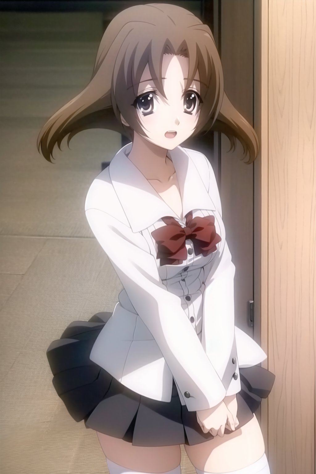 1girl, solo, (young woman, 16 years old), minami obuchi, short_hair, brown_hair, bangs, grey eyes,BREAK (waist-length skirt), thighhighs, school uniform, shoes, black thighhighs, zettai ryouiki, bow, red bow, white shirt,BREAK indoors, classroom,BREAK looking at viewer, standing, solo_female,Minami obuchi<lora:EMS-407829-EMS:1.000000>