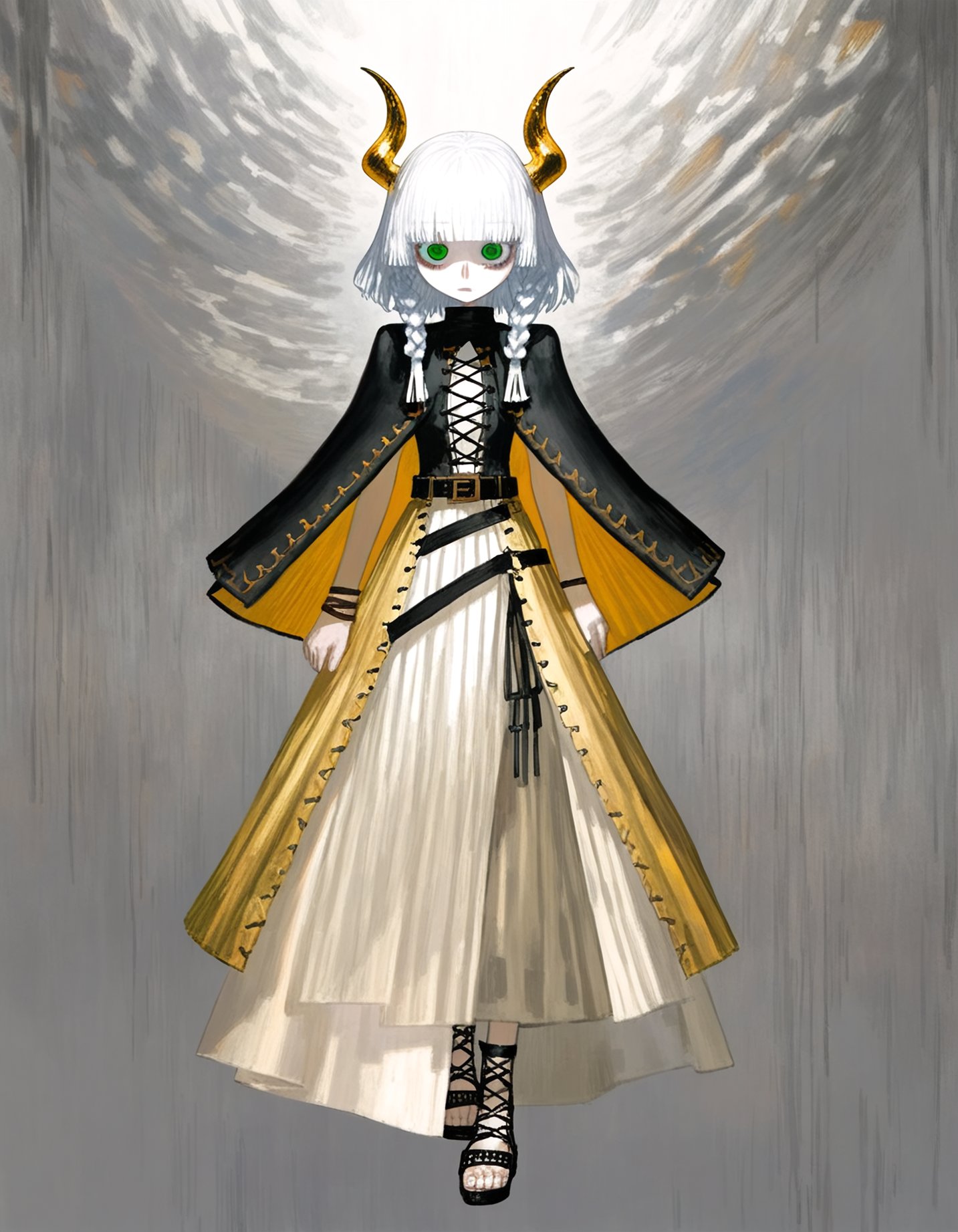 by (quasarcake:1.2), (by jun_\(navigavi\):0.8), (by reoen:1.1), by rsef, by neg_\(101neg\), 1girl, solo, looking at viewer, green eyes, hollow eyes, gold horns, medium hair, white hair, twin front braids, brown wristband, tight shirt, black shirt, capelet, beige dress, brown belt, sleeveless, layered clothing, cross-laced slit, cross-laced sandals