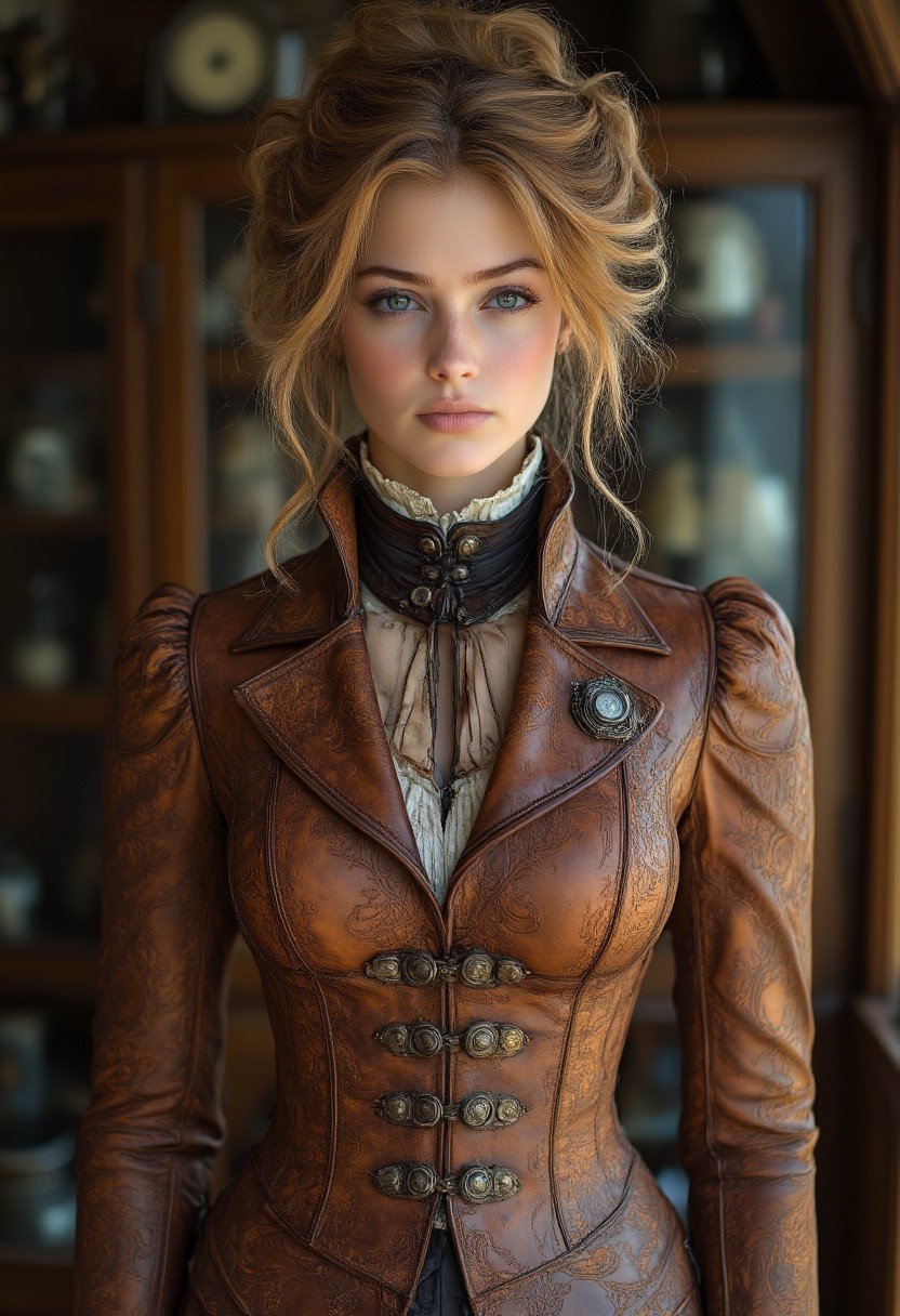 A stunning, close-up portrait of a young blonde woman in a richly detailed Steampunk Apparel