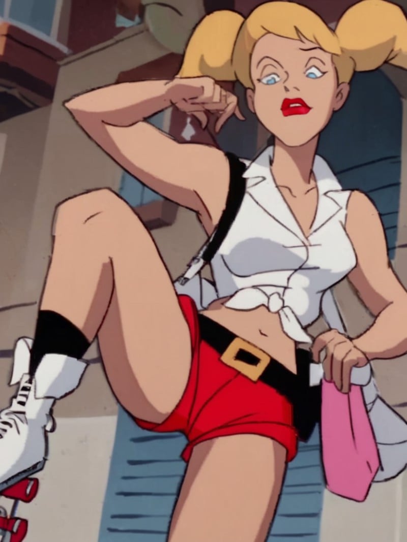 score_9, score_8_up, score_7_up, volumetric lighting, harleen quinzel, 1girl, solo, blue eyes, blonde hair, twintails, white shirt, belt, bag, short shorts, sleeveless shirt, makeup, white footwear, knee boots, lipstick, red lips, red shorts, skates, <lora:batman_pony_v1:0.9>