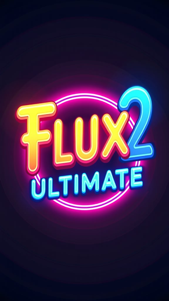 Logo in neon lights, 3D, colorful, modern, glossy, neon background, the text reads 'FLUX 2 ULTIMATE",