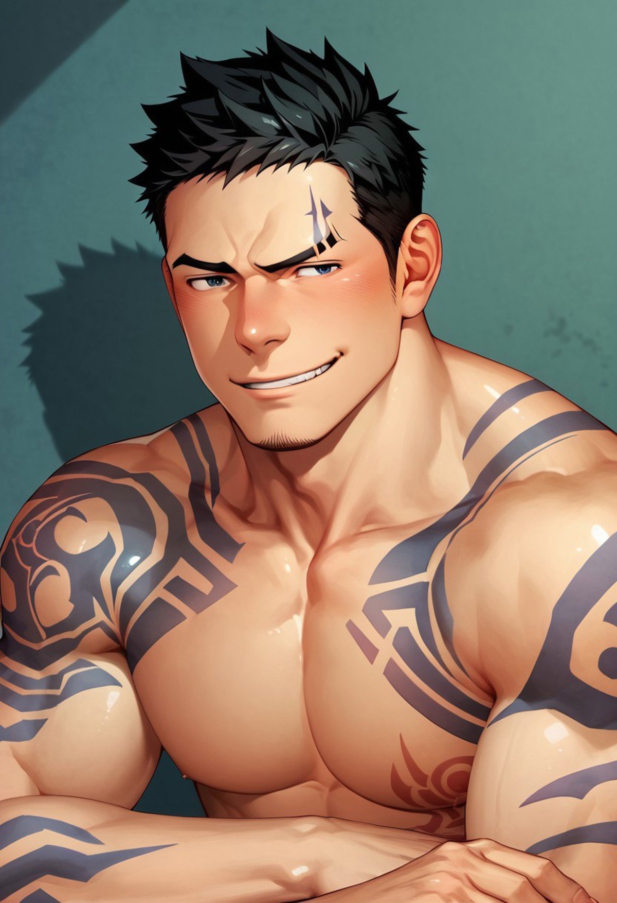 score_9, score_8, score_7_up, male focus, bara, illustration 1 boy, black hair, muscular, handsome, tattoo, blush, tounge out, half body, smirk, teasing, sultry pose