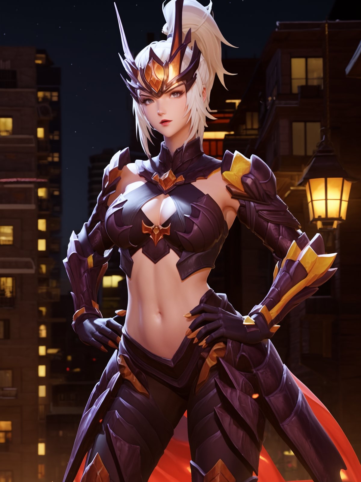 WZRYhuamulanSJLLZ, 1girl, solo, navel, breasts, armor, white hair, clothing cutout, looking at viewer, medium breasts, gauntlets, midriff, boots,hair ornament,  <lora:WZRYhuamulanSJLLZ:0.75>,cityscape, night, high ponytail, forehead protector, hand on hip, pantyhose, 