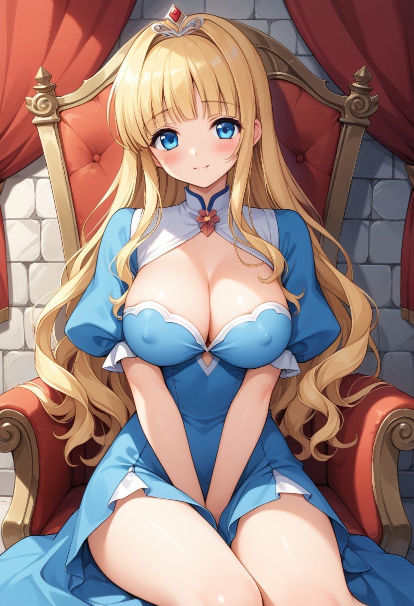 (score_9, score_8_up, score_7_up, source_anime,) blue eyes, blunt bangs, long hair, blonde hair, slightly wavy hair, large breasts, cleavage, fantasy, tiara, princess, blue dress, ,covered nipples, no bra, Card Captor Sakura, , watercolor, curvy, shy, shy smile,, sitting on throne, portrait style, red curtains, stone wall, regal, young woman, cute