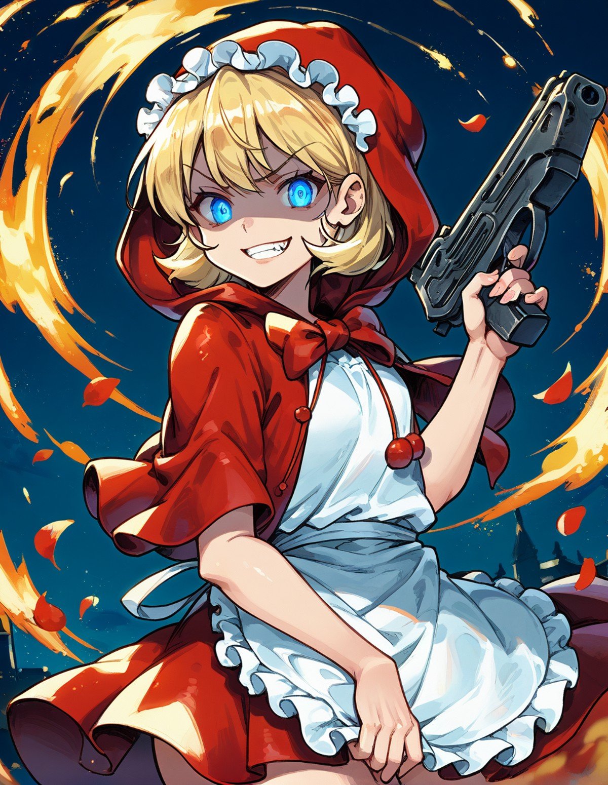 1girl,solo,<lora:bulleta_pony:1>,bulleta,blonde hair,blue eyes,little red riding hood (grimm) (cosplay),red dress,red hood,red capelet,apron,looking at viewer,fang,glowing eyes,shaded face,evil grin,gun, score_9,score_8_up,score_7_up,score_6_up,score_5_up,score_4_up,