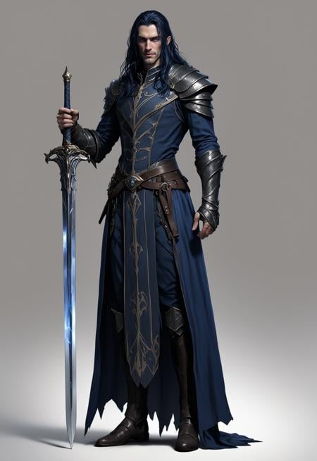 Character design, full body, 40 years old man, glass, slender, ghost, tall body, dark knight, nihilistic, white skin, long Indigo hair, blue iris, medieval fantasy, adventurer clothes, has a big sword, good looking, no bread, white background, best Quality
