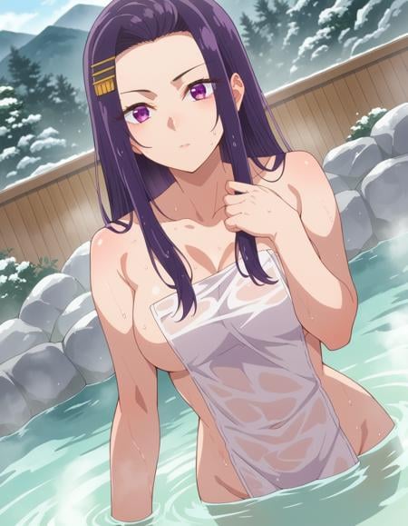 score_9, score_8_up, score_7_up, source_anime,sayuriakino, <lora:sayuri-akino-ponyxl-lora-nochekaiser:1>sayuri akino, long hair, hair ornament, hairclip, purple hair, purple eyes, forehead,nude, naked, outdoors, onsen, towel, naked towel, steam, bathing, nude cover, partially submerged, water, bath, steam censor, wet towel,looking at viewer, cowboy shot, dutch angle,