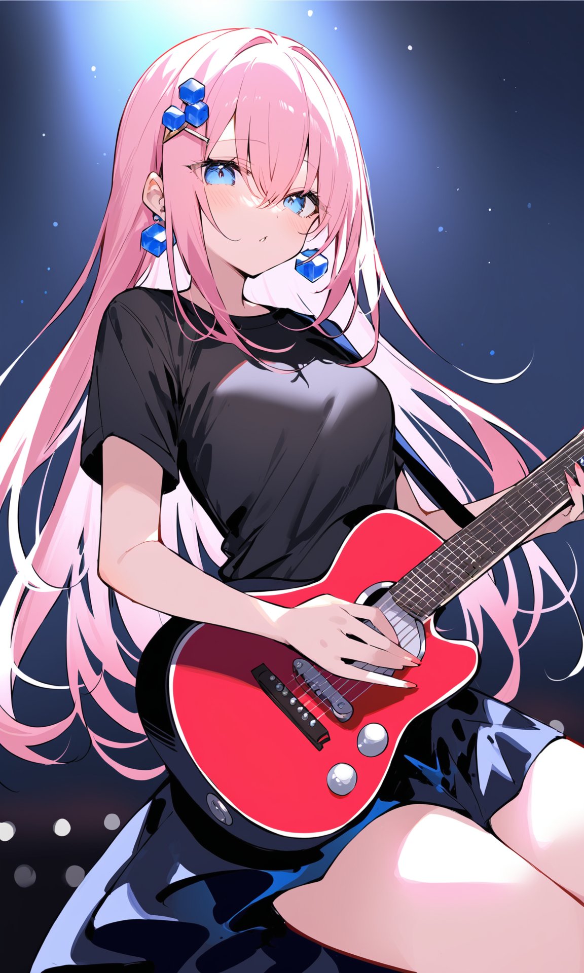 (best quality),(masterpiece),((beautiful:0.75) cute girl:0.75),[clear and clean] pixiv (illustration),gotou hitori,black shirt,concert,holding instrument,guitar,pink long hair,hair ornament,cube hair ornament,hair between eyes,bangs,blue eyes,