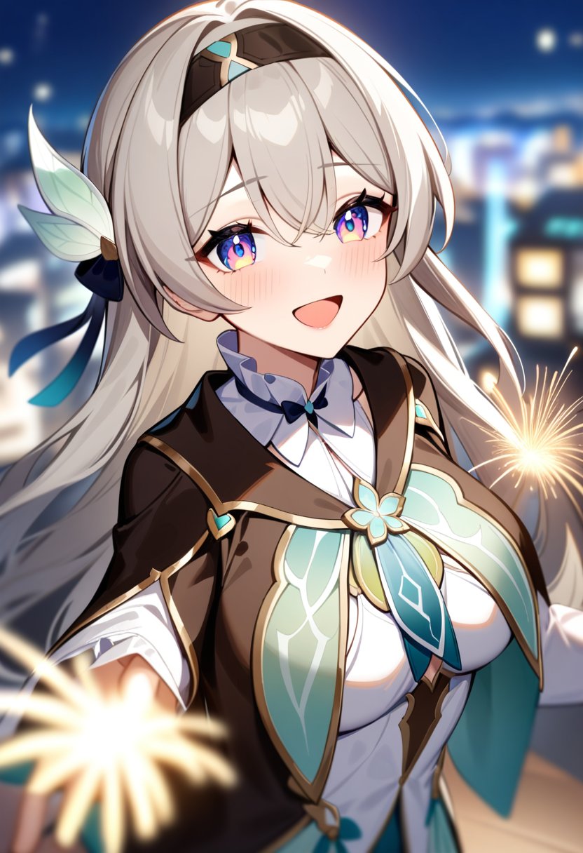 a girl named liuying, liuying, 1girl, solo, outdoors, blurry background, upper body, holding, open mouth, black jacket, white shirt, high quality, sparkler, spread arms, city lights, night sky, :d,masterpiece,best quality,(very aesthetic:1.2),absurdres,<lora:流萤a31:1>,grey hair,<lora:Fixhands_anime_bdsqlsz_V1:1.01>,