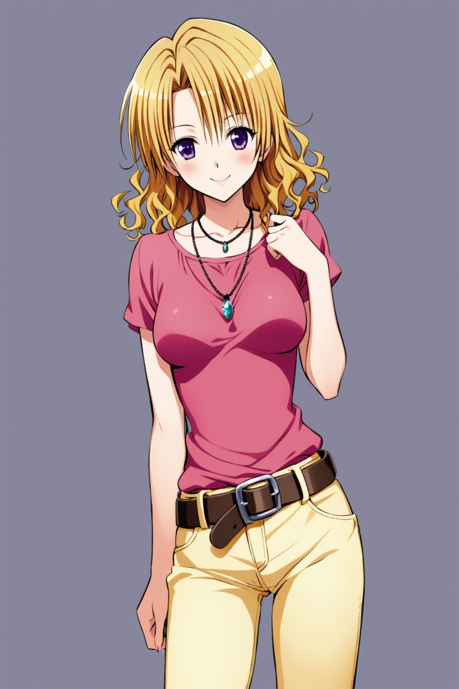 Momioka Risa,1girl,solo,blonde hair,wavy hair,purple eyes,smile,jewelry,belt,necklace,grey background,simple background,denim,blush,pants,looking at viewer,breasts,short hair,collarbone,medium breasts,jeans,pendant,shirt,short sleeves,cowboy shot,<lora:Yabuki Kentarou_XL_netaArt:0.8>,