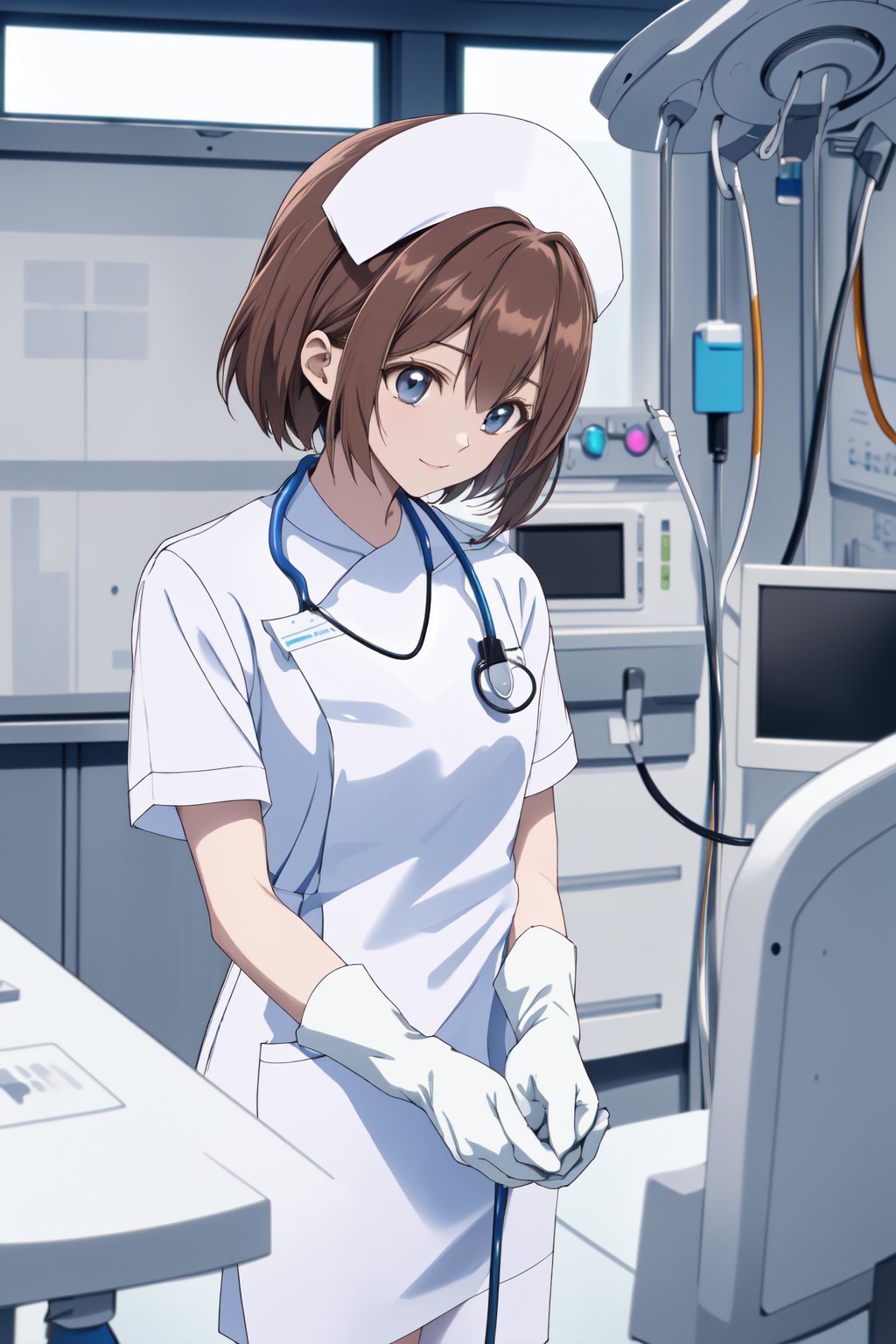 (RAW photo, best quality), wide angle photo, masterpiece, 1girl,  natural lightinghospital, operating room, surgical gloves, (((White))) nurse uniform smooth, nurse, nurse hat, stethoscope  <lora:NurseUniform0_1:0.7>,<lora:shouko_dr_elise_v1_2:1>, shouko