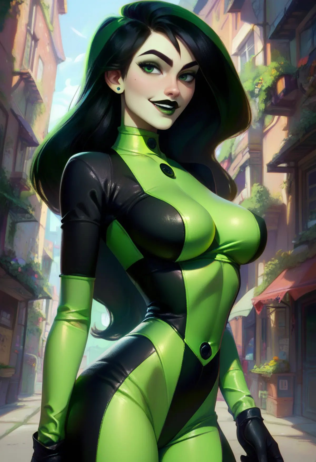 score_9, score_8_up, score_7_up, score_6_up, score_5_up, score_4_up <lora:Shego_pony:1> shego, black gloves, black hair, bodysuit, smile, green bodysuit, green eyes, green theme, long hair,  portrait, solo,  <lora:add-detail-xl:0.9>   zPDXL <lora:Realistic000003_1_2.5DAnime_0.05_Merge1:1>