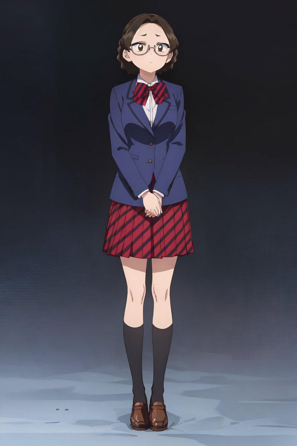 Mikuni Katou, (8k, HD), 1girl, solo, looking at viewer, short hair, skirt, simple background, brown hair, shirt, bow, brown eyes, school uniform, standing, jacket, full body, white shirt, pleated skirt, shoes, glasses, socks, striped, bowtie, kneehighs, red skirt, brown footwear, blazer, own hands together, blue jacket, black background, black socks, loafers<lora:EMS-468290-EMS:0.800000>