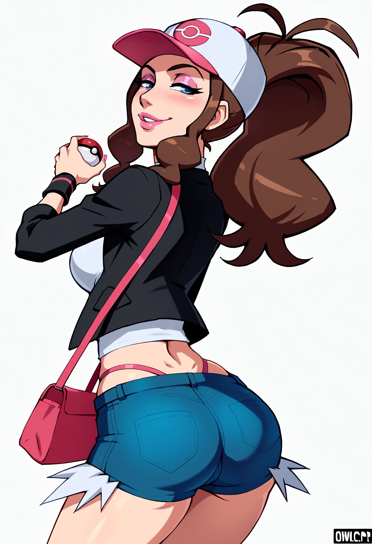 score_9,score_8_up,score_7_up, BREAK 1girl, hilda \(pokemon\), brown hair, ponytail, cap, seductive smile, long eyelashes, half-closed eyes, blush, adult, mature, pink lips, thick lips, pink eyeshadow, BREAK solo, from behind, looking back, short shorts, denim shorts, white crop top, pink thong, tramp stamp, dimples of venus, holding poke ball, red purse, black jacket, pink nails, BREAK white background , simple background, dynamic pose, dynamic angle, angled shot, <lora:Lunas-Owler-SDXL-A2-sv_fro-0.96-8-12:1>