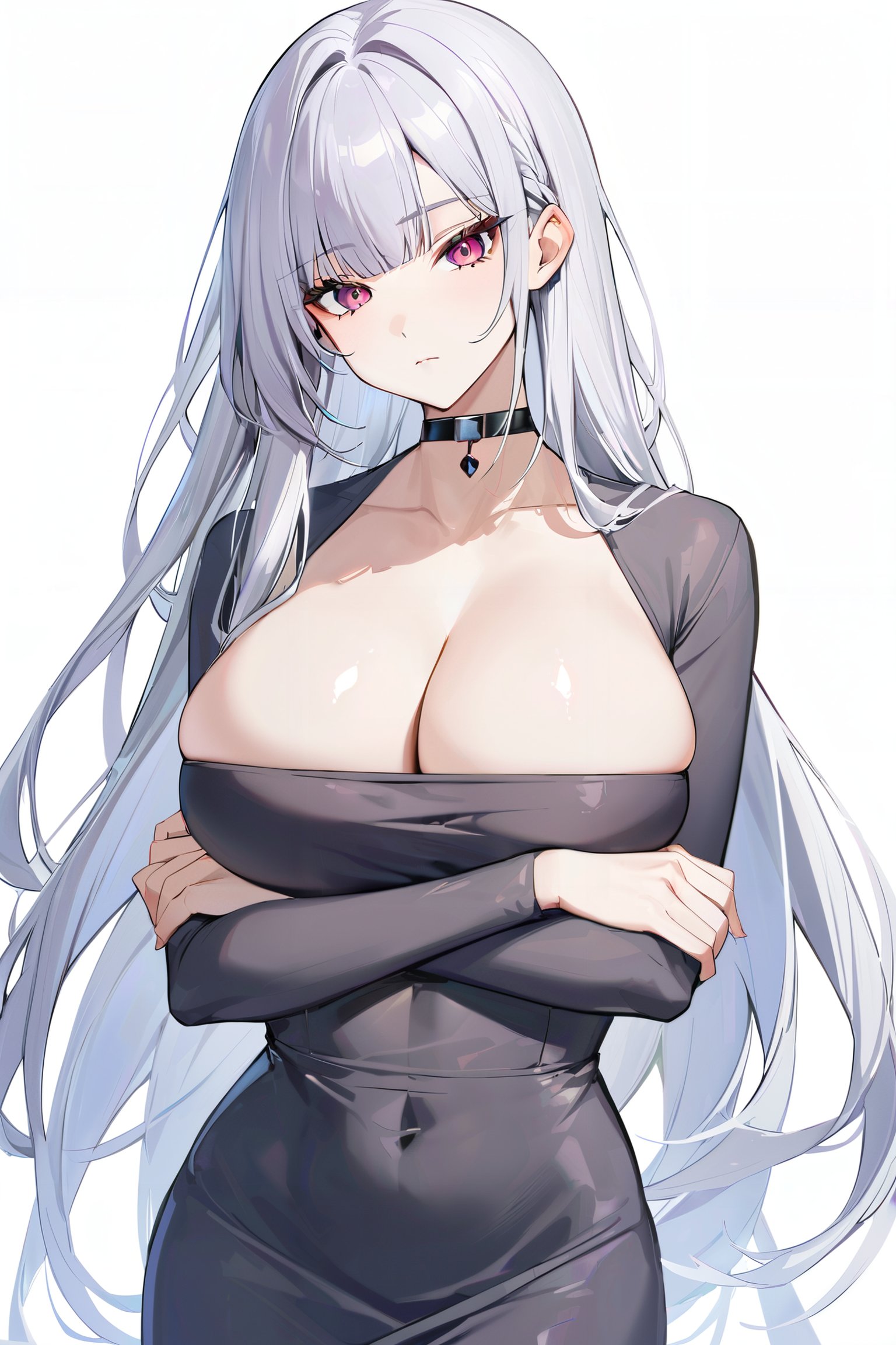 <lora:dongtan_dress_xl_goofy:1> dongtan dress, 1girl, breasts, solo,crossed arms,  cleavage, long hair, large breasts, black dress, looking at viewer, choker, white background, simple background, black choker,  closed mouth, bangs, grey hair