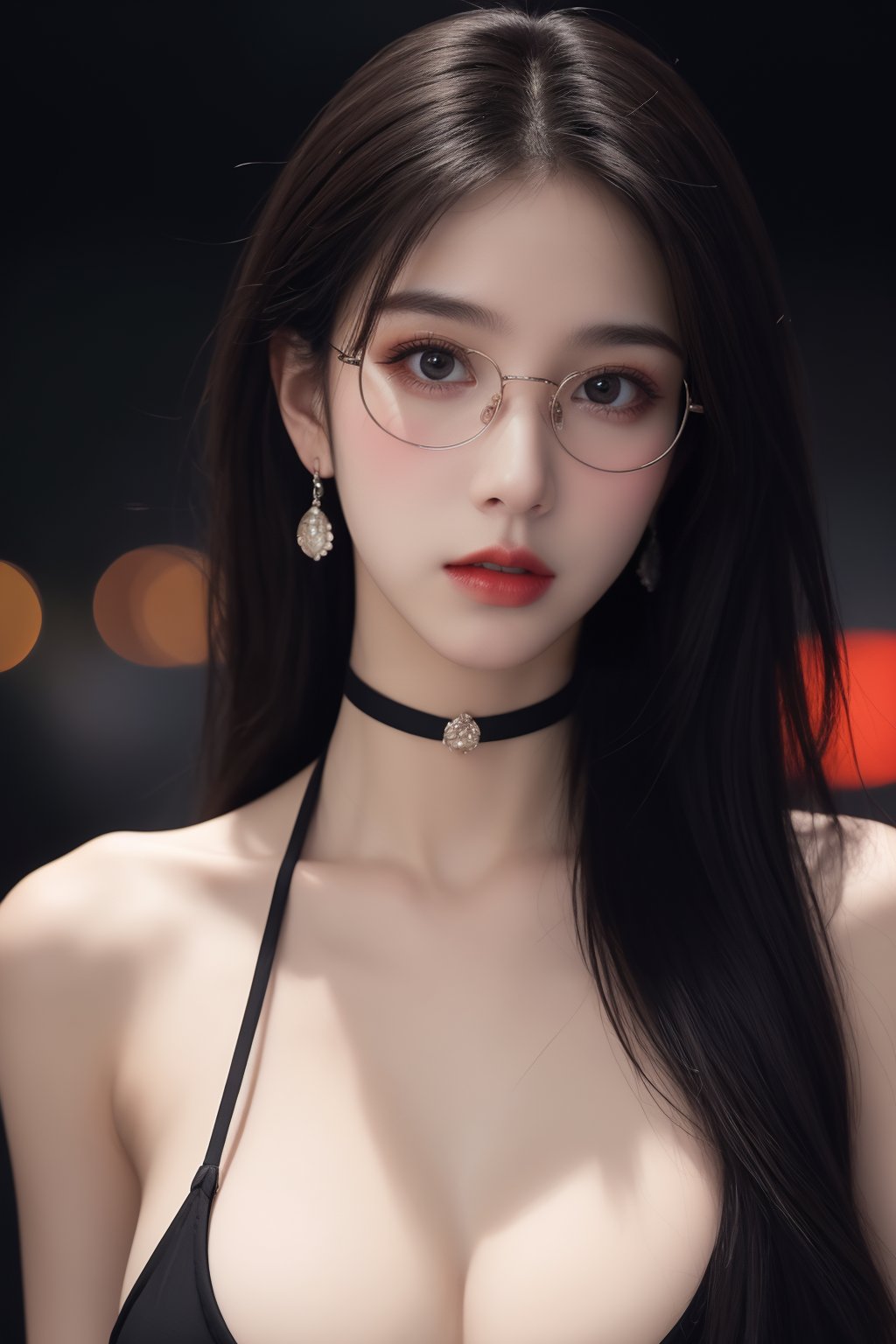 1girl, black choker, black hair, blurry, blurry background, blurry foreground, breasts, choker, cleavage, collarbone, depth of field, earrings, glasses, jewelry, large breasts, lips, long hair, looking at viewer, red lips, solo focus <lora:御姐:1>