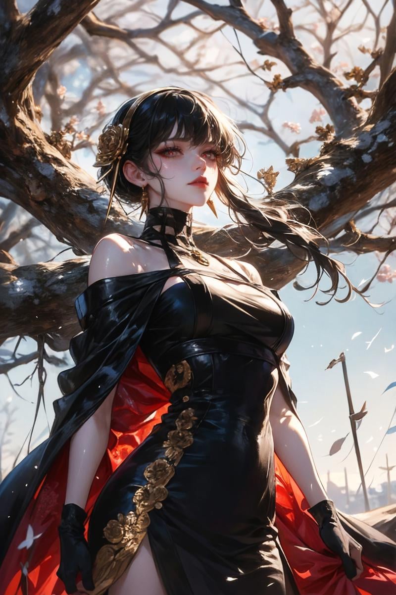 XUER Yor Forger,1girl,solo,yor briar,dress,jewelry,black hair,black dress,red eyes,earrings,breasts,hair ornament,long hair,gloves,floating hair,flower,two-sided fabric,bare shoulders,hair flower,tree,black gloves,gold hairband,sidelocks,outdoors,blurry background,blurry,red lips,rose,hairband,lips,two-sided dress,bangs,branch,gold earrings,off shoulder,cape,short hair with long locks,cowboy shot,closed mouth,medium breasts,sleeveless dress,sleeveless,bare tree,looking at viewer,off-shoulder dress,large breasts,A shot with tension,(Visual impact,giving the poster a dynamic and visually striking appearance:1.2),impactful picture,(masterpiece, best quality:1.2),offcial art,movie perspective,advertising style,magazine cover,very aesthetic,disheveled hair,very aesthetic,illustration,disheveled hair,perfect composition,moist skin,intricate details,<lora:绪儿 约尔福杰 XUER Yor Forger:0.8>,