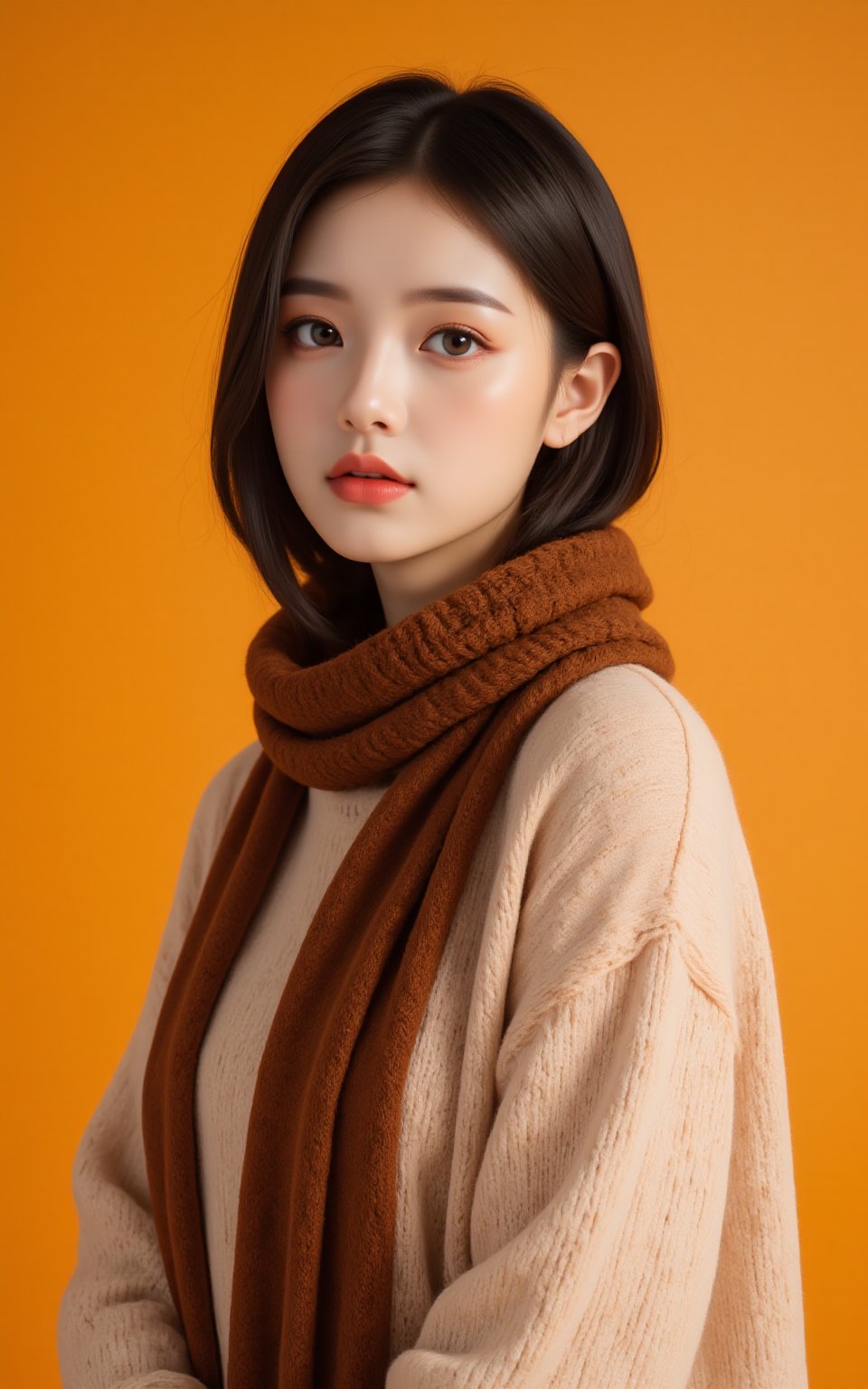 With an orange-yellow hued background, the model wears a beige knit sweater paired with a deep brown scarf, the warm colors and cozy textures combining to evoke a comfortable autumnal atmosphere..,best quality,masterpiece,realistic,highres,sharp focus,ultra-fine painting,realistic, <lora:极品超模V8_2.0:0.8>