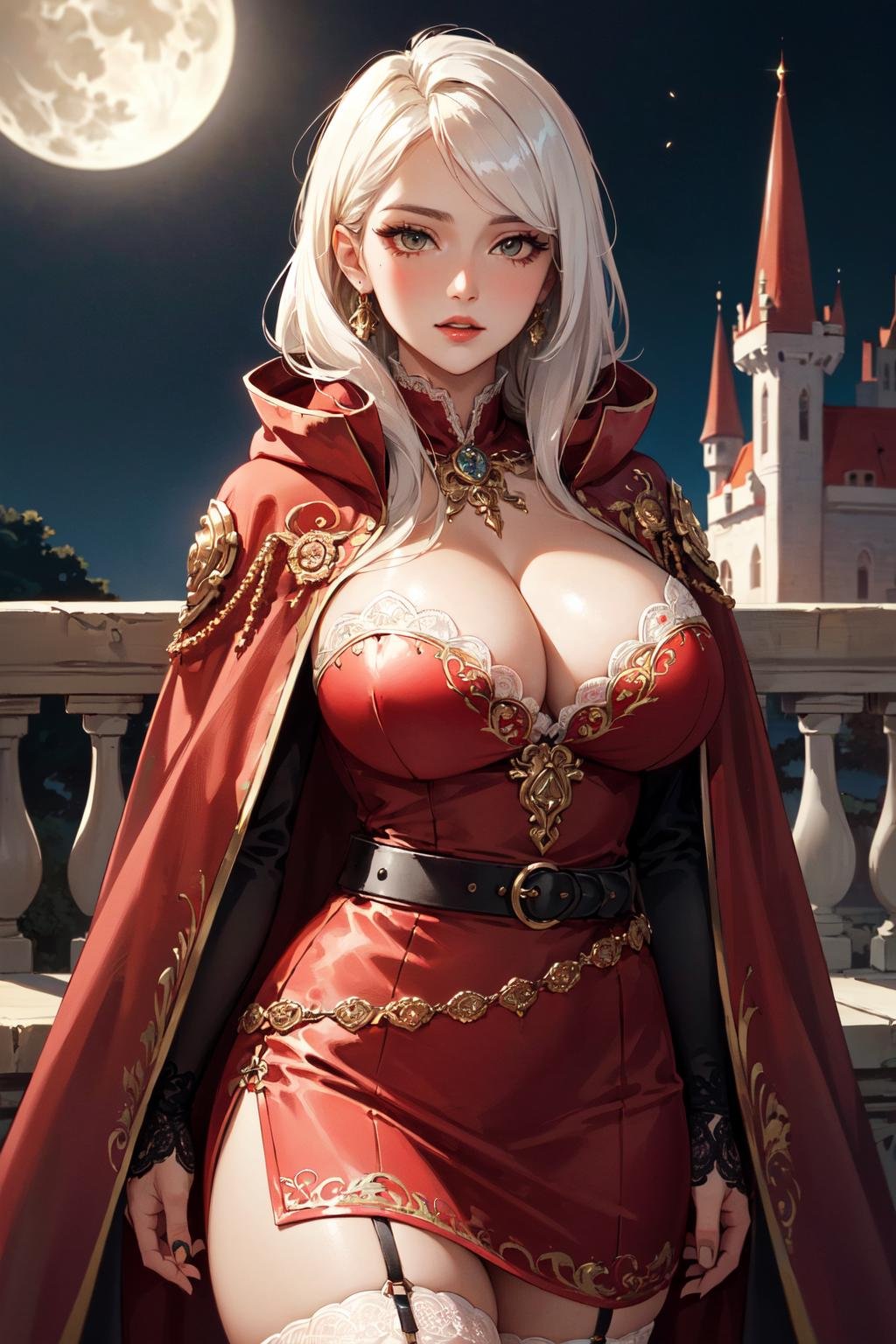 (masterpiece, best quality, hires, high resolution:1.2), (beautiful, aesthetic, perfect, delicate, intricate:1.2), (cute, adorable), (depth of field:1.2), (1girl, solo), (sexy mature woman), (sexy female vampire), (eyeliner, eyeshadow, glossy lips), (long white hair), (huge breasts, cleavage), (ornate delicate red cloak:1.4), (ornate delicate tight dress), (lace stockings), (groin), (multiple belts:1.4), (looking at viewer), (dark theme:1.4), (at a castle), (at night), (full moon), (cowboy shot:1.4),