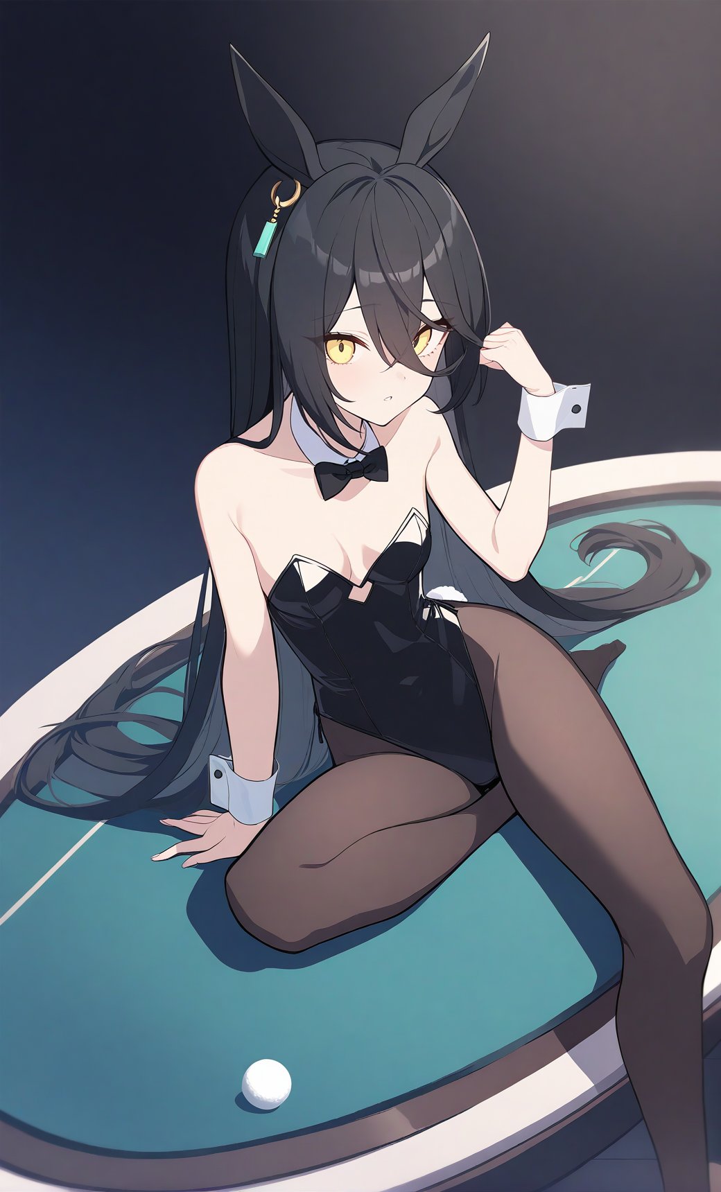 manhattan_cafe_(umamusume)  1girl  8-ball   black_hair alternate_costume  armpit_crease  bare_shoulders  black_bow  black_bowtie  bow  bowtie  breasts  dark_background  detached_collar  earrings  from_above  hair_between_eyes  highleg  highleg_leotard  jewelry  leotard  long_hair  looking_at_viewer  multicolored_hair  no_shoes  nontraditional_playboy_bunny  on_table  pantyhose  pocket  pool_table  single_earring  sitting  sitting_on_table  small_breasts  solo  strapless  strapless_leotard  streaked_hair  table  white_hair  wrist_cuffs  yellow_eyess flat_coating clear_color highres absurdres best_quality 