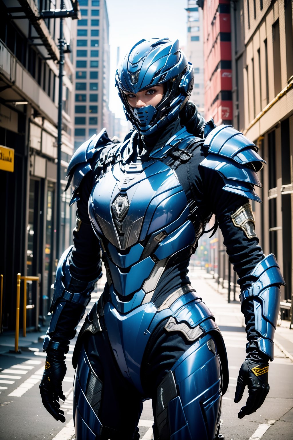 1girl,blue armor,outdoors,future street,