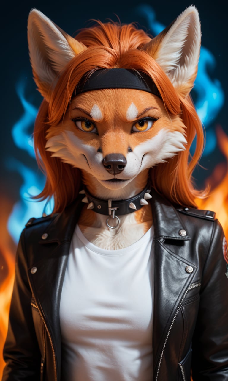 score_9, score_8_up, score_7_up, score_6_up, score_5_up, score_4_up, source_furry,realistic, photo,detailed face eyes and fur, BREAK,1girl, dark ambient, glow, (detailed fire background, blue fire and red fire)1.1, anthro furry female fox, orange hair, glowing gradient orange yellow eyes, enface portrait, small, looking at viewer, intimidating, smirk, black headband, black collar with white spikes, black leather jacket, white shirt, highly detailed, absurdres, cinematic lighting, soft, fluffy