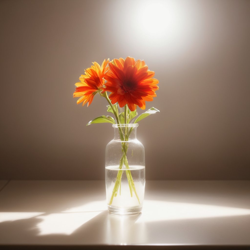UHD, 4k, ultra detailed, cinematic, a photograph of  <lora:diffused light style:0.9>A Diffused light of a vase with a flower inside of it,flower,blurry,no humans,depth of field,leaf,plant,red flower,scenery,orange flower,still life , realistic, sharp, detailed, classic, 1970's light style, high-key light style, photography, artistic, perfection, diffusion, diffused, soft light, glow, bright, contrast, highlights, halo, glowing ambient light, colorful, cinematic, filmic, high quality photo, diffused light style, epic, beautiful lighting, inpsiring