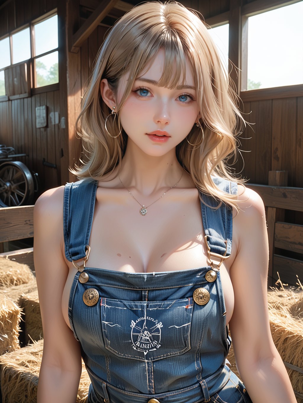 score_9, score_8_up, score_7_up,A captivating, stunning,  a woman. She has huge busty breasts. She has long light brown hair. She has blue eyes. She is wearing jean overalls. The environment is a barn, farmland. The perfect lighting is dramatic.