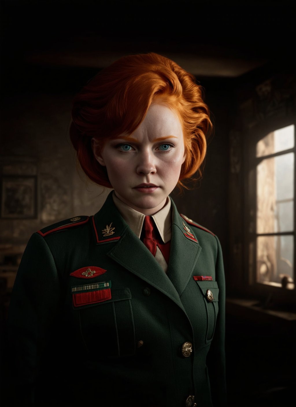 Wide angle photorealistic shot, (Enchanting redhead in wartime drama:1.3), Detailed conflict chaos, Real-Time Ray Tracing lighting, Volumetric shadows, Exceptional photorealism, (Intense war ambiance:1.2), Raw photography quality, Highly detailed protagonist, Emotional depth, Raw imagery at the highest quality