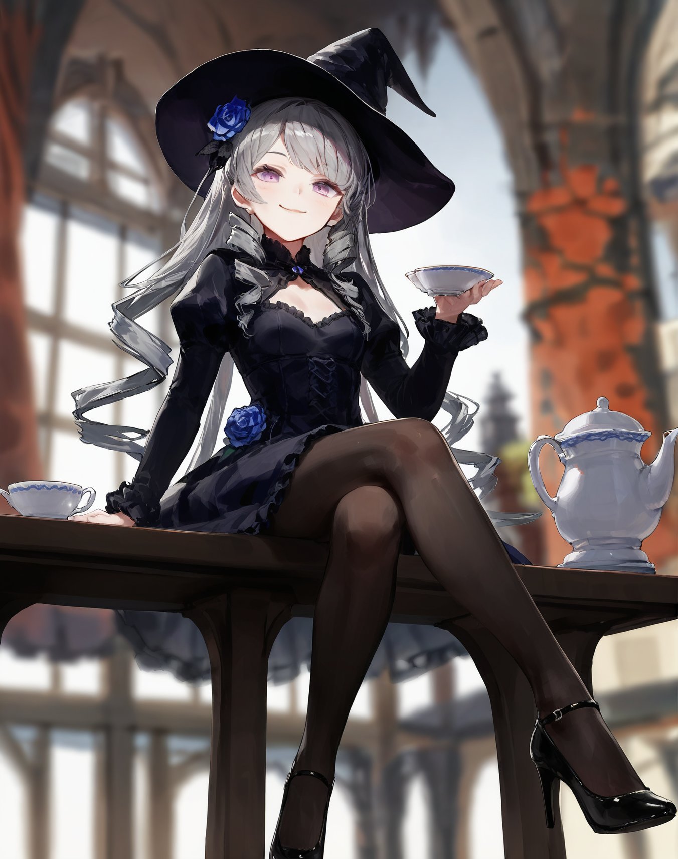 (score_9,score_8_up,score_7_up,),1girl,solo,hat,pantyhose,flower,teacup,dress,crossed legs,cup,witch hat,sitting,long hair,holding,purple eyes,looking at viewer,long sleeves,teapot,black headwear,table,blue flower,black footwear,purple flower,drill hair,grey hair,puffy sleeves,black dress,shoes,juliet sleeves,bangs,breasts,smile,brown pantyhose,hat flower,full body,witch,black pantyhose,high heels,saucer,frills,rose,small breasts,closed mouth,blue rose,hand up,very long hair,from below,depth of field,from below,depth of field,<lora:tpony-style-v1-000100pn3:0.8>,