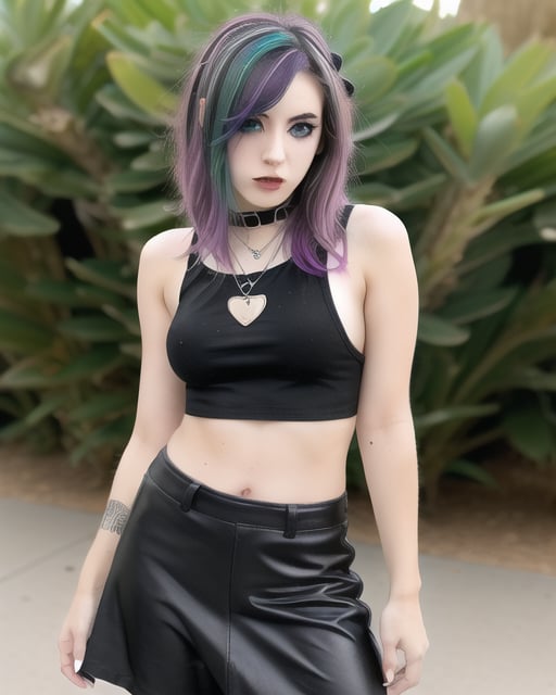 solo,random girl,random makeup,random top,random skirt or pants,random hair color,random breast size,random style either emo punk or goth styles,very form fitting clothing,open clothes, perfect features, perfect limbs